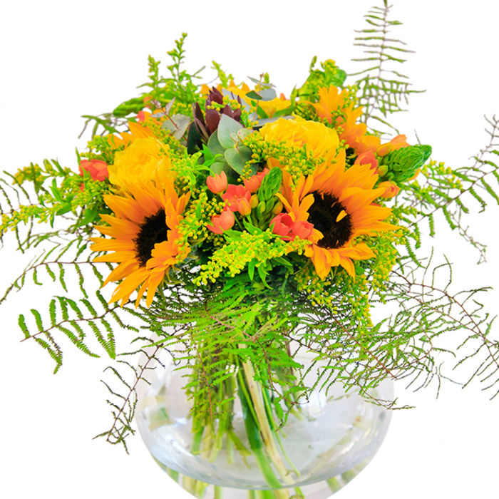 This exuberant floral arrangement, designed with a distinctly Norbiton touch, glows with the cheerful energy of a sunny day at Alexandra Park. Dominated by two striking sunflowers-each sunbeam-hued and boldly centered-the bouquet boasts an inviting interplay of golden petals and deep, velvety centers that immediately catch the eye. Around them, clusters of petite yellow filler blooms bring a soft, cloud-like vibrancy, reminiscent of thriving local gardens. Notes of gentle coral-orange are woven throughout, suggesting tulips or similar accent flowers just beginning to reveal their colour, adding an extra pop of warmth. The base is rich with cascading fern fronds, their fine, dark green leaves spilling over the rim to create a relaxed, natural look. Sprigs of cool eucalyptus and fresh lime-green foliage offer a local woodland freshness, evoking Norbiton's familiar tree-lined avenues. Arranged in a simple, clear glass fishbowl vase, the bouquet's stems and lush textures remain beautifully visible, enhancing its fresh-picked, contemporary charm. Breathing out quiet confidence and delight, this vibrant ensemble is perfect for marking cherished milestones, birthdays, or sending a thoughtful gesture-each detail chosen by Norbiton florists who understand the spirit and community of the area. Its joyfully balanced colours and lively presence will lighten any home or office from Kingston Road to the heart of Norbiton Village.