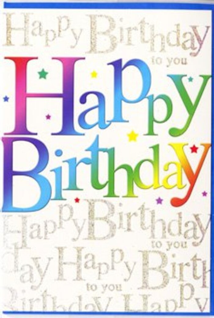 Seen up close, this birthday card looks like a compact explosion of colour and good wishes, the kind of design we often pair with bright celebratory flowers for Norbiton families. In the centre, Happy Birthday is spelled out in generous, smoothly curved letters that run almost edge to edge, creating an immediate focal point. Each letter is bathed in a flowing spectrum of colour-starting with rich reds and deep magentas, gliding into citrusy oranges and sunlit yellows, then transitioning through fresh grassy greens into serene blues and hints of purple. The gradient is seamless, reminiscent of the way a skilled florist blends gerberas, roses, and chrysanthemums into one harmonious display. Around these main letters, tiny dots, star shapes, and flecks of colour are sprinkled like sugar confetti, adding youthful energy and a celebratory sparkle, as if the card had just been showered with party poppers in a cosy Norbiton kitchen. The background is a calm contrast to the bold lettering: rows of delicate, looping script repeat Happy Birthday to you in soft, metallic gold, slanting gently across the surface. This subtle script looks almost hand-written, like a message carefully penned at the end of a busy day along Coombe Road. The gold has a light shimmer that catches the eye when the card is tilted, but it never competes with the central rainbow text; instead, it wraps the message in a warm echo of affection. The card's finish appears smooth and slightly reflective, suggesting a quality, satin-like card stock that feels substantial in the hand-perfect for accompanying a lush birthday bouquet delivered locally.