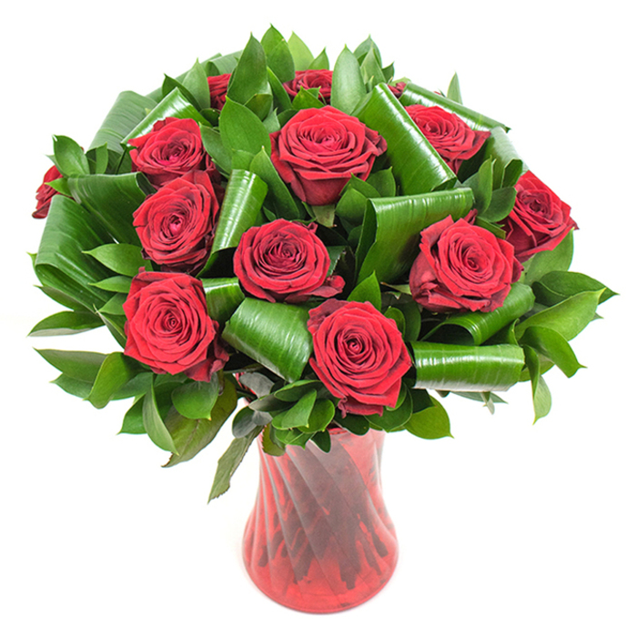 This image presents a sophisticated, classic bouquet of approximately a dozen deep crimson roses, each bloom open to reveal velvety, tightly spiraled petals that catch the light and display a richness akin to wine or rubies. The flowers are densely clustered to form a full, rounded silhouette, their saturated red heads softened at the edges where petals gently unfurl. Interwoven among the roses is a substantial amount of dark green foliage: narrow, glossy leaves create a lush, textured foundation while larger, bright green leaves have been carefully rolled and spiralled into cylindrical shapes that sit like bespoke architectural details among the blooms. Those folded greens both cradle and contrast the roses, lending a modern, structural elegance without detracting from the flowers' classic sentiment. The bouquet is presented in a tall, translucent ruby-red glass vase with a subtle ribbed or twisted design; the vase's vertical ridges catch highlights and reflect the bouquet's deep tones, adding visual rhythm and an elevated, handcrafted feel. Set against a pristine white backdrop, the composition's colour story-deep reds and verdant greens-becomes vivid and immediate, ideal for conveying passion, love, and celebration. I picture this arrangement on a dining table before an anniversary dinner near Canbury Gardens or as a romantic delivery to a flat by Norbiton Station, the roses giving off a soft, timeless perfume. The overall voice is one of considered craftsmanship: classic red roses updated with sculptural foliage and a striking vase to create a memorable, luxurious floral statement.