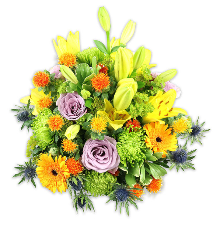 A richly textured, compact bouquet set against a pure white background, designed to read as an immediate expression of warmth and composure. Radiant yellow Asiatic lilies reach upwards with a confident verticality-many open to display freckled throats and stamens, others lingering as elongated buds that suggest anticipation. Soft lavender-purple roses sit slightly inward, their classic, tightly wound petals creating a calming focal point amid the vivid chroma. Large orange gerberas punctuate the surface with bold, round faces, while clusters of smaller orange and golden-yellow button-like blooms sprinkle the arrangement with lively, spiky detail. The generous use of lime-green chrysanthemums-cushion or button varieties-adds a textured, almost mossy volume that fills negative space and makes the bouquet feel full and abundant. Cooling elements of blue-grey Eryngium thistles appear along the lower edges; their star-shaped, spiky forms provide a striking foil to the otherwise rounded flowers and bring an artisanal, slightly rustic edge. Mixed foliage-broad lily leaves and smaller glossy greens-wraps the composition and gives it a cohesive, garden-inspired silhouette. The lighting is soft and even, allowing petal colour and texture to read clearly; the fragrance is predominantly lily-sweet with gentle rose notes. As a florist familiar with the tastes of people around Kingston town centre and nearby Coombe, I see this arrangement as ideal for celebratory occasions, thoughtful thank-you gifts, or comforting sympathy tributes-an arrangement that balances exuberance with quiet elegance and would brighten any room on delivery across Norbiton and the surrounding borough.