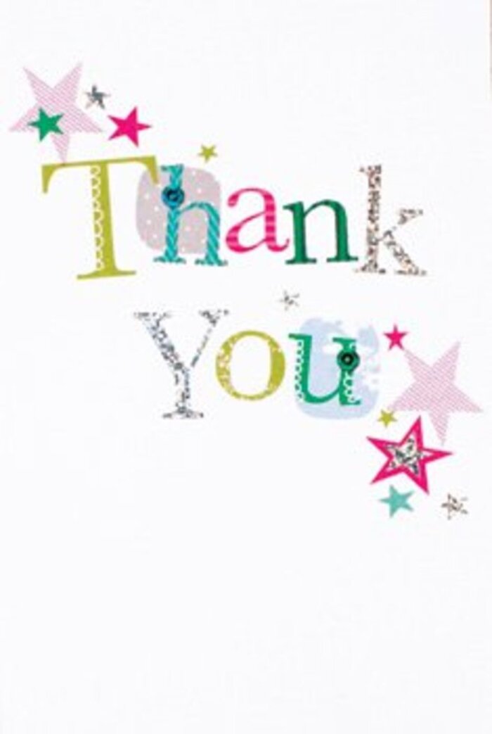 Set against the backdrop of a spotless white surface, this thank you card exudes a gentle exuberance that feels right at home in the heart of Norbiton. The hand-lettered sentiment, 'Thank You', arches gracefully across the centre, each letter emerging with its own whimsical style: some lavishly dotted, others outlined in fine stitches, all rendered in a radiant spectrum from cheerful lime to deep turquoise and blush pink. There's a musicality to their arrangement, like notes dancing on a staff, enhanced by bursts of star motifs in sparkling pink, metallic silver, and vivid teal. These celestial clusters seem to sprinkle luck and laughter over the message, reminiscent of the festive lights trimming Kingston Road at midsummer. The entire design floats serenely on a pristine white field, its calm space allowing the colours and textures to truly pop-a nod to the clarity and cheerful calm often found in bespoke gifts from Flowers Norbiton. The effect is uplifting yet refined, equally suited to a formal thank you or a friendly gesture, much like a bouquet designed to bridge any occasion. There's a sophisticated playfulness threaded through the card, and the overall presentation feels universally warm and effortlessly local-a testament to the creativity and community spirit nurtured in Norbiton's florists and families alike.
