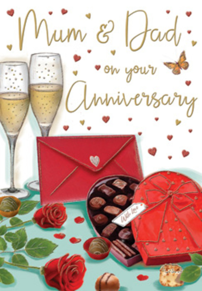 Elegant anniversary card artwork that feels like a still life arranged on a kitchen table in Norbiton just before a heartfelt toast begins. Two tall champagne glasses rise at the centre, their clear sides brimming with sparkling golden wine, bubbles suspended mid-flight as if you can almost hear the gentle fizz in the background. Flanking them, a pair of sumptuous red roses stretches across the table, each bloom shaded with deep crimson and soft ruby tones, capturing the plush texture of real petals freshly chosen from a local florist near Norbiton Station. Resting in the foreground, a classic heart-shaped box of chocolates sits partly open, invitingly tilted toward the viewer. The satin-like red bow tied around the box is drawn with cascading loops and folds, adding a sense of luxurious indulgence that fits perfectly with a special anniversary surprise. Around this central trio, delicate gold and red hearts drift across the card, circling around a warm Mum & Dad greeting written in relaxed, flowing script. A bright scarlet envelope lies close at hand, its flat surface catching a faint sheen as if illuminated by soft evening light filtering through a window on Kingston Road. The chocolates spill artfully from the box, suggesting that the celebration has already begun. The entire illustration carries a sense of quiet joy and gratitude, like the moment grown-up children might gather in a Norbiton living room to honour their parents' years together. It evokes the fragrance of roses, the rich sweetness of chocolate, and the familiar clink of glasses raised in a toast to love that has deepened over time.