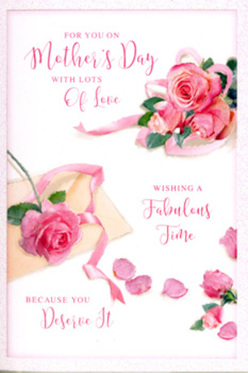 This Mother's Day card design resembles a carefully styled flat-lay created by an experienced Norbiton florist, with every bloom and petal placed to express gratitude and love. Against a soft, almost creamy white background, clusters of pink roses are arranged in a loose, romantic pattern, each rose full of tightly layered petals that spiral towards the centre. The colours drift from pale, ballet-shoe pink to richer, romantic rose tones, giving depth and softness, much like a bouquet freshly gathered near Norbiton Station or along Coombe Road. Some petals have gently drifted away from the main blooms and lie scattered around the card, adding a whimsical, airy feeling, as if a light breeze had just passed over a vase of roses. A pastel ribbon weaves around the main cluster, its satin surface reflecting the light in subtle highlights that echo the natural gloss of the petals. Hand-lettered script, with sweeping, graceful curves, offers affectionate Mother's Day wishes that loop between the flowers, making the text feel like part of the floral composition rather than a separate element. The lighting is gentle and diffused, bathing the entire scene in a flattering glow that suggests early morning or late-afternoon calm. Together, the roses, ribbon, scattered petals, and elegant wording create a card that looks and feels like a fragrant bouquet on paper, perfect to accompany same-day flower delivery for mums across Norbiton and the nearby Kingston area.