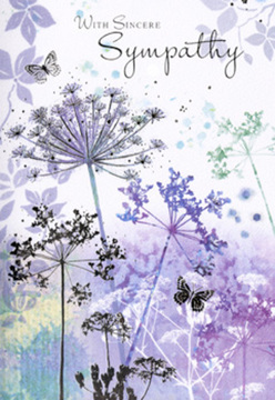 The sympathy card design presents a tranquil, nature-inspired vista that feels akin to stepping into a misty Norbiton morning. Tall, slender wildflowers with umbelliferous heads rise from the base of the card, their stems fine and slightly curved, as if they've grown naturally in an untouched meadow. Each bloom is rendered in soft shades of lavender, muted indigo, and powdery blue, with touches of silvery green that drift into the background. The petals and tiny florets are drawn with filigree detail, yet held within a gentle watercolour haze, giving them a semi-transparent quality that lets the light through. Behind these delicate forms, the background washes blend from cool violet to soft grey-green, reminiscent of distant hedgerows and gardens along Cambridge Road just after rain. A pair of butterflies appears among the flowers, wings light as breath, tinted in pastel purples and blues that echo the blossoms below. Their presence is subtle, symbolic rather than showy, suggesting hope, continuity, and the quiet companionship of memory. The overall composition is airy and uncluttered, with negative space that allows the eye to rest, mirroring the calm you find in a still corner of a local park. Above or beside the floral silhouettes, simple, heartfelt words of sympathy are written in an elegant script, neither ornate nor stark, but gently reassuring. There is no harsh contrast or bright colour; instead, the card relies on soft gradients, diffused light, and tender detailing. It feels like a visual whisper of support-a thoughtful way for someone in Norbiton to send condolences, created with the same sensitivity and care a local florist brings to a sympathy bouquet.