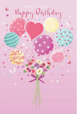Artistic birthday card illustration featuring a whimsical bouquet of balloons gently lifting a compact cluster of flowers, evoking the feeling of a joyful celebration in Norbiton. The background is a soft, flattering pink, like the warm glow of early evening light over nearby Kingston Road. Rising from the base, a bunch of pastel balloons appears to float upward, each one uniquely decorated with stripes, floral motifs, swirling lines, and playful polka dots in rose, teal, lemon, and lavender. They form a loose, airy canopy above the flowers, suggesting weightlessness and childlike delight. At the base, where the strings gather, sits a hand-tied bouquet of fresh roses and daisy-like blooms, their petals softly textured and shaded from ivory through blush to a tender mauve. The flowers are bound with a small violet ribbon bow, its silky texture adding a touch of refinement, much like a finishing flourish offered by an experienced local florist. Light seems to pour gently over the whole composition, highlighting the shine on the balloons and the natural glow of each petal. Little stars and butterflies are scattered around, giving the impression of a birthday wish drifting over Norbiton's leafy side streets and toward nearby Richmond Park. This design feels both uplifting and intimate, capturing the sense of a carefully chosen birthday greeting, as if it were selected in person from a trusted Norbiton flower shop for someone truly cherished.