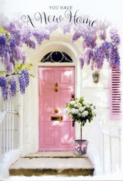 At a serene Norbiton doorway, the first impression is an uplifting sweep of lavender-hued wisteria, draped like soft fabric from above and pooling around the edges of a pale pink front door. The paint on the door has a warm, welcoming tone, subtly weathered yet carefully kept, the kind you might notice walking back from Kingston station through the quieter side streets. Sunlight brushes the white walls and gently shadows the shutter, making the pastel colours feel even more delicate and inviting. Just where the step meets the door, a stylish grey metal bucket sits proudly, overflowing with creamy white roses whose rounded blooms look full and velvety. Wisps of verdant foliage weave between the flowers, adding movement and depth without disturbing their poised, classic character. A soft pink ribbon encircles the bucket, tied in a simple bow that mirrors the blush of the door and adds a final, loving detail. The entire composition feels like a thoughtful housewarming gift from someone who knows how important it is to feel welcomed in a new street, whether off London Road or near Norbiton Common. You can almost imagine the faint rustle of wisteria in the breeze and the gentle perfume of roses drifting out to greet each visitor. The scene captures that tender mix of excitement and calm-a floral portrait of new-home congratulations, crafted with care to say, "you belong here now," in the language of blooms and soft, hopeful colour.