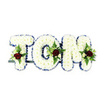 A tender, hand-crafted memorial spells the name TOM in large, three-dimensional letters formed from densely packed, pristine white chrysanthemums. Each petal appears soft and pillowy against a clean white backdrop, the blooms nested so closely they create a cloudlike surface that catches a gentle, diffused light. Around the sharp contours of each letter a vivid royal blue ribbon traces every curve and angle, giving crisp definition and a respectful blue frame that sits slightly raised above the chrysanthemum mass. Placed with quiet restraint within each letter is a small, symmetrical spray: a single deep red rose anchors the grouping, its velvety petals a focal note of love and sorrow, while tiny creamy white spray roses and slender fern fronds fan out to soften and give texture. Lush green foliage and delicate leaflets add cool contrast and a subtle sense of depth; you can almost imagine their faint earthy scent beneath the rose's richer perfume. The letters are subtly mounted on a dark green/black metal support bar visible along the base, a simple structural line that ensures the arrangement stands upright during a service. The overall composition reads as calm, dignified and carefully balanced - an intimate tribute intended for a funeral or memorial setting. As a florist I see the details that bring comfort here: the contrast of pure white and royal blue, the single red rose in each letter that speaks of enduring affection, and the secure engineering that keeps the tribute steady during viewing. This arrangement would sit quietly at the front of a chapel or graveside, offering a composed and consoling presence for those gathered to remember.