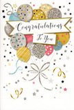 This image shows an elegant congratulations card that feels like a moment of celebration captured mid-air, perfect for gifting alongside a bouquet delivered in Norbiton. The design centres on a joyful cluster of illustrated balloons, each round and slightly overlapping, as though gathered in a carefully arranged bunch. The colours are refined and modern: champagne gold, pale silver, rose-tinted pink, light sky blue, and soft grey, with each balloon decorated in its own style. Some shimmer with tiny scattered stars, others feature delicate pinstripes or subtle glittery speckles, giving the impression of different textured foils catching a soft light. From the base of the cluster, slim metallic ribbons in gold and silver trail down in looping curls, like the relaxed fall of real ribbon after a party near Norbiton's Kingston Road or in a home close to the station. A graceful banner weaves through the balloons at the centre, carrying the message Congratulations To You in flowing, decorative script that feels both personal and polished. The pale background is sprinkled with small metallic stars, dots, and swirling confetti patterns, adding movement and a gentle sense of sparkle without overwhelming the main design. As a florist who often helps customers choose the right card for proud occasions-from exam successes to new jobs or promotions-I recognise how this artwork radiates warm admiration and sincere joy. The overall mood is airy, festive, and heartfelt, offering a beautifully understated way to say that someone's achievement truly matters.