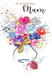 Mother's Day card illustration painted in loose, joyful watercolour, depicting a vibrant bouquet that could have been inspired by the colourful flower stalls near Norbiton station. The arrangement centres on lush blossoms in vivid purples, playful pinks, and radiant reds, layered with softer blush and coral tones that blend together like a sunset over Kingston's rooftops. Cool blue and gentle lavender flowers peek through the brighter petals, adding calm and balance, while leaves suggested in fresh green and deep indigo strokes offer structure without overpowering the blooms. Fine touches of shimmering gold outline selected petals and leaves, and occasionally scatter as tiny flecks, giving the impression of light dancing across the design, similar to sunlight filtering through trees in Richmond Park. The flowers are gathered into a simple vase with smooth curves, cinched by an elegant gold bow that recalls the feel of ribbon tied by an experienced florist preparing Mother's Day deliveries across Norbiton. All around the bouquet, small splashes of colour and heart-shaped motifs float against a clean white background, hinting at joy, celebration, and affectionate family memories. The composition feels both airy and intentional, like a visual hug - a card that pairs beautifully with fresh local flowers to tell a much-loved mum she is cherished today and always.