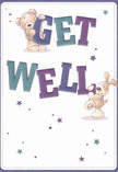 Bright and brimming with joy, this get well card illustration channels the playful cheer Norbiton is known for, capturing two delightful companions-a gentle teddy bear and an energetic puppy-balancing and clutching vivid, oversized letters spelling 'Get Well'. Indigo and aquamarine hues in the text leap forth, echoing the vibrant tones seen in window boxes along Coombe Lane, while scattered stars in twilight blues and soft purples twinkle across a creamy-white canvas. The bear's fluffy, inviting fur and the puppy's lovable wrinkles bring a tactile warmth, almost as if their embrace could be felt on a blustery day walking through Norbiton's village green. Every detail-each expressive, rounded shape and careful brushstroke-conveys affectionate hope. The card's scene doesn't just send wishes; it wraps the recipient in comfort, much like a freshly arranged bouquet delivered by local florists to a loved one convalescing nearby. In this design, innocence meets heartfelt sincerity, making it the perfect gesture to send gentle courage and soothing care to friends and family across Norbiton's friendly neighbourhoods.