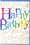 This birthday card design feels like a small party captured on paper, radiating happiness the way a fresh, colourful arrangement does when we hand it over in Norbiton. The phrase Happy Birthday is printed in big, friendly letters across the middle, each one soaked in a different segment of a continuous rainbow-ruby, coral, apricot, lemon, lime, turquoise, and deep ocean blue blend fluidly together, with no harsh edges. The effect is soft yet vivid, like watercolours merging on high-quality paper. Faint shadows and gentle highlights along the letter edges give a slight sense of depth, as though the words are floating just above the card's surface. Dotted casually around the lettering are sprinkles of bright colour and tiny star-like shapes, evoking confetti scattered after a toast at a birthday gathering near Norbiton's local parks. Behind this exuberant foreground, the background is filled with an elegant, repeating script that murmurs Happy Birthday to you in thin, metallic-gold writing. The script runs diagonally in neat, consistent lines, adding rhythm and a touch of sophistication, like a soft chorus humming along at the edge of the celebration. The gold glints gently when the light hits, suggesting a fine, slightly pearlescent finish, similar to the sheen on some of our premium gift card stock. Overall, the combination of bold, rainbow typography and delicate golden script creates a design that feels joyful yet considered-perfect to sit beside a vase of fresh blooms delivered the same day to a Norbiton home, office, or favourite café, turning an ordinary birthday into something a little more memorable.