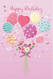 Whimsical birthday card artwork showing pastel balloons and a petite bouquet rising together in a cloud of soft colour, as if drifting above the rooftops of Norbiton on a bright spring day. The background is a tender blush-pink that sets off the floating balloons, each one painted with its own personality: some spiral with candy-coloured stripes, others are sprinkled with playful polka dots, while a heart-shaped balloon at the centre glows with quiet affection. These balloons gather at the top of a cluster of fine strings that lead down to a compact, hand-tied bouquet. The bouquet is filled with delicate roses and anemone-like blossoms in creamy ivory, blush pink, and gentle mauve, their feathery petals layered to suggest softness and subtle fragrance. A smooth violet satin bow ties the stems at the base, its sheen catching the same light that gives the balloons their gentle shine. Scattered around the composition are tiny stars and butterfly shapes, like little birthday wishes drifting on the breeze over local streets leading toward Kingston and New Malden. The whole design feels airy and sweet, combining childlike delight with the sophistication of a carefully arranged birthday posy, as though selected from a Norbiton flower shop that specialises in turning simple greetings into bright, unforgettable moments.