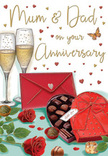 Heartfelt anniversary card illustration portraying a warm, intimate scene that feels at home in Norbiton, perfect for celebrating devoted parents. In the centre of the card, two champagne flutes stand side by side, gracefully slim and filled with softly glowing golden bubbles, suggesting an evening toast shared in a calm family dining room. Just below, a pair of rich red roses rests on the table, each bloom full and velvety, the petals curling in layered spirals that look as though they were freshly cut and arranged with care by Flowers Norbiton for an anniversary delivery. To one side, a heart-shaped box of assorted chocolates is drawn with its lid pushed back, revealing neatly nestled truffles; a bold red bow wraps across the box, its satin texture emphasised with highlights and shadows. Tiny chocolates and scattered, twinkling gold and crimson hearts trail across the surface, creating movement and playful romance around the Mum & Dad message printed in soft, flowing lettering. A vivid scarlet envelope lies nearby, hinting at a handwritten note filled with stories and thanks from children who grew up along the quiet streets near Kingston Hospital and Cambridge Road. The lighting in the illustration is warm and gentle, casting subtle reflections on the glass stems and a tender glow over the roses and ribbon. Altogether, the card feels like a little window into a family celebration in Norbiton: the hush before a heartfelt speech, the shared smile over a favourite chocolate, and the quiet certainty that this anniversary is one more cherished chapter in a lifetime of love.